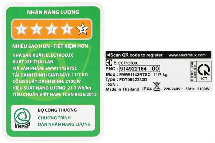 Máy Giặt Sấy Electrolux Inverter Giặt 11Kg Sấy 7Kg EWW1143R7SC